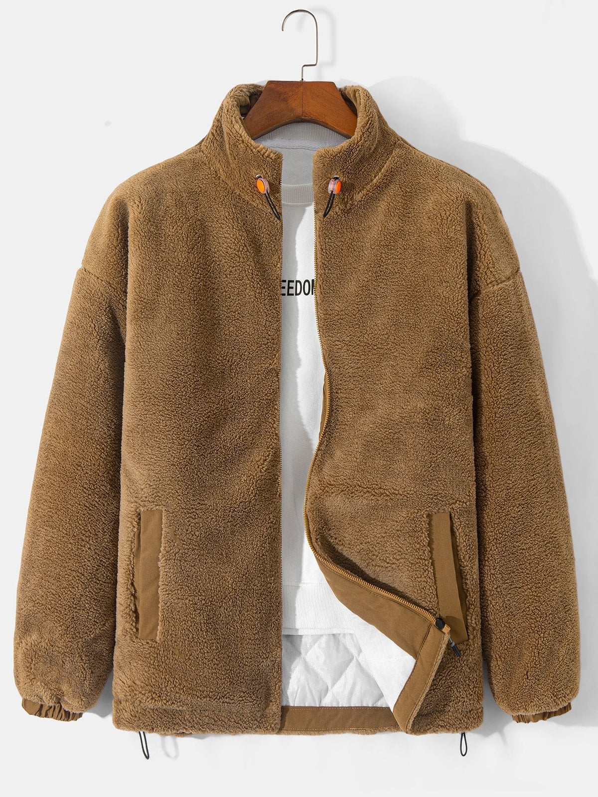 Men's Quilted-Lined Teddy Fleece Jacket – Warm Zip-Up Winter Outerwear with Stand Collar and Practical Side Pockets