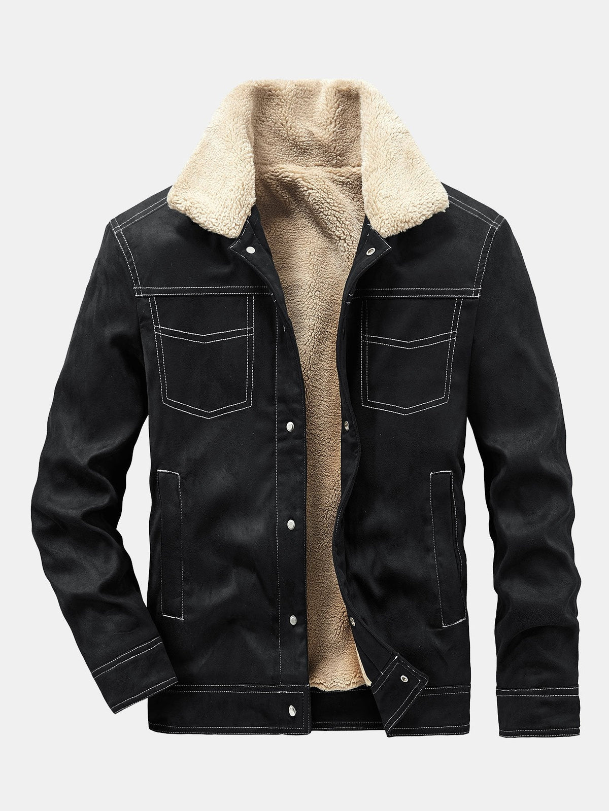 Men's Faux Suede Teddy-Lined Utility Jacket – Warm Sherpa Collar Button-Up Winter Outerwear with Chest Pockets and Vintage Workwear Styling