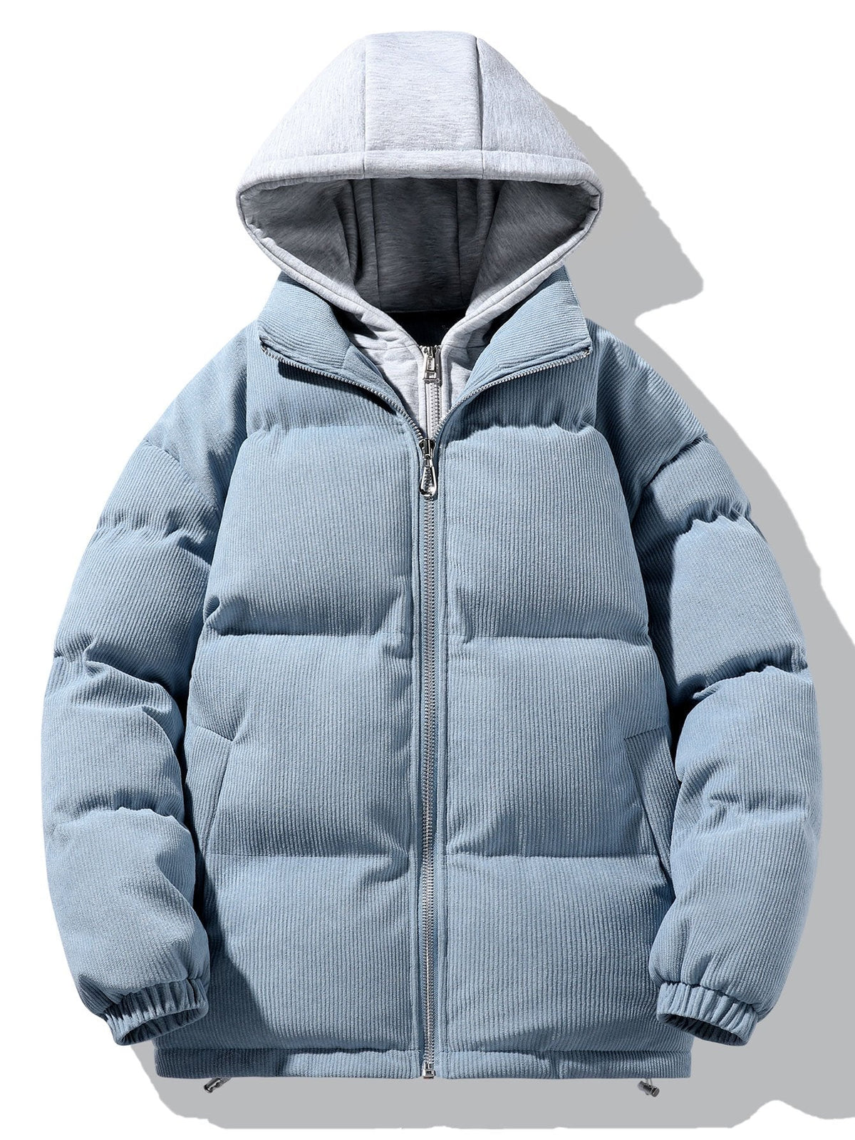 Men's Corduroy Hooded Puffer Jacket – Warm Padded Winter Outerwear with Layered Grey Hood and Zip Fastening