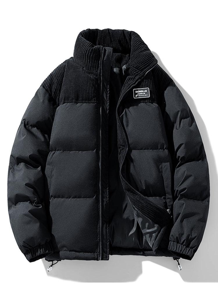 Men's Corduroy Panel Puffer Jacket – Warm High Collar Padded Winter Outerwear with Zip-Up Front and Adjustable Hem