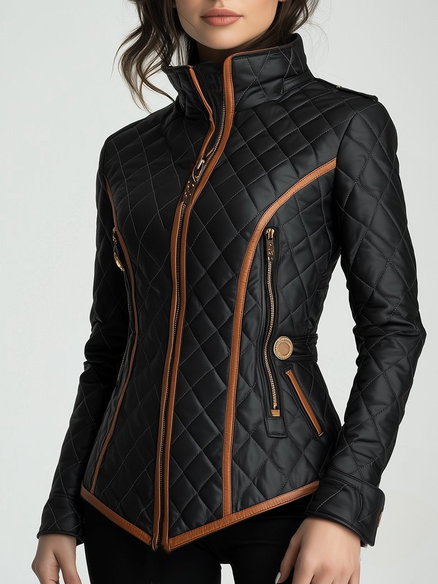 Women's Elegant Fitted Quilted Jacket with High Stand Collar and Diamond Stitching – Tailored Waist Zip-Up Casual Outerwear with Decorative Trim and Zipped Pockets for Smart Casual Autumn and Spring Wear