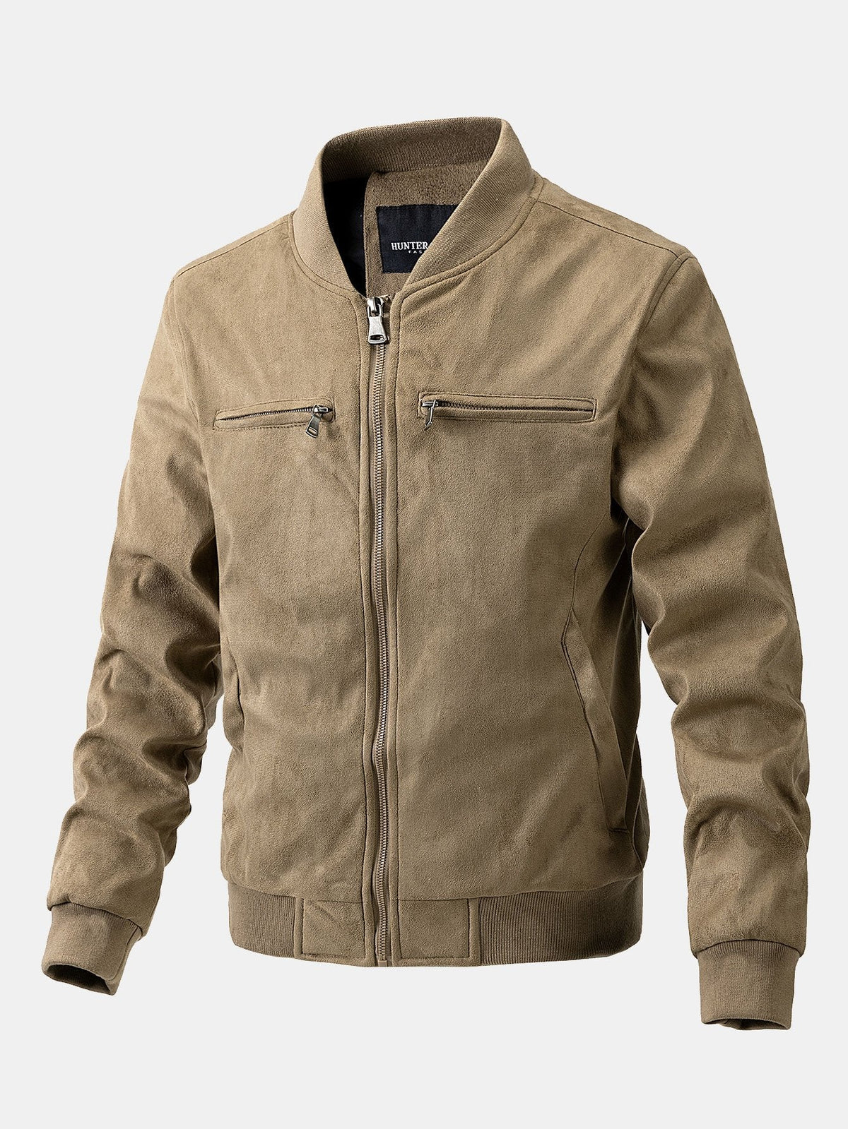 Men's Faux Suede Bomber Jacket – Quilted-Lined Zip-Up Outerwear with Zipped Chest Pockets and Ribbed Trims for Autumn