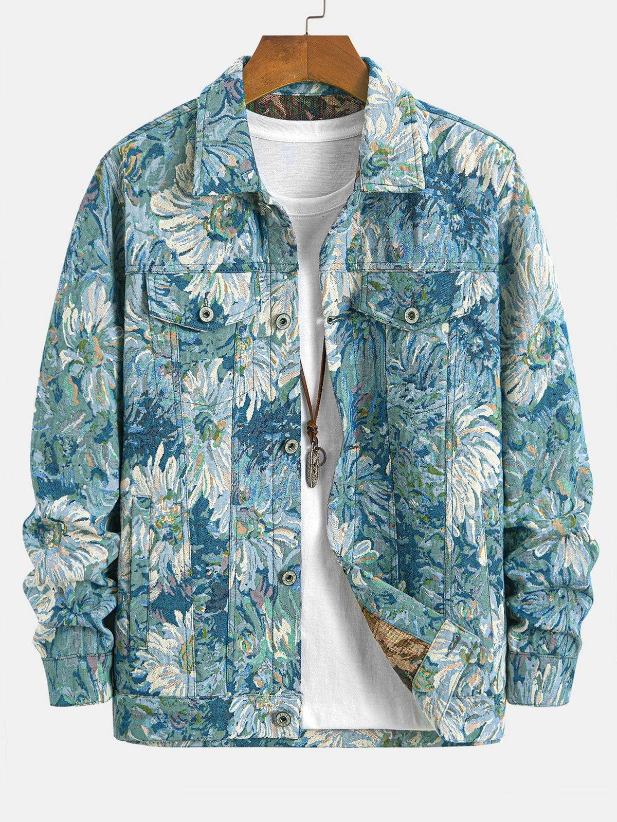 Men's Painted Floral Print Jacket – Vintage Botanical Pattern Button-Up Casual Outerwear with Chest Pockets for Spring and Autumn