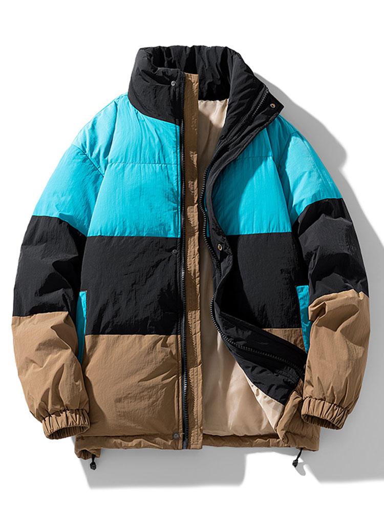 Men's Colour Block Puffer Jacket – Warm Padded Winter Outerwear with High Stand Collar and Relaxed Fit