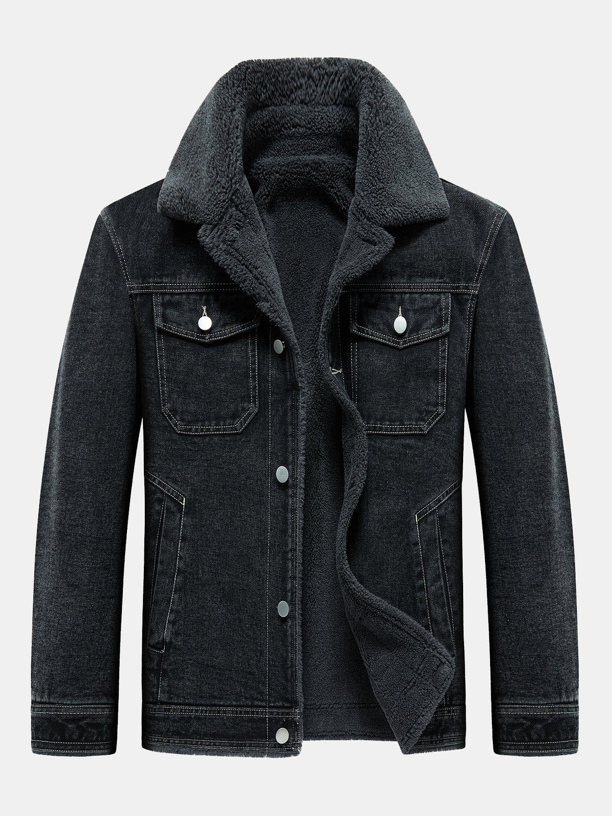 Men's Borg-Lined Denim Jacket – Vintage Washed Button-Up Winter Outerwear with Sherpa Collar and Utility Pockets