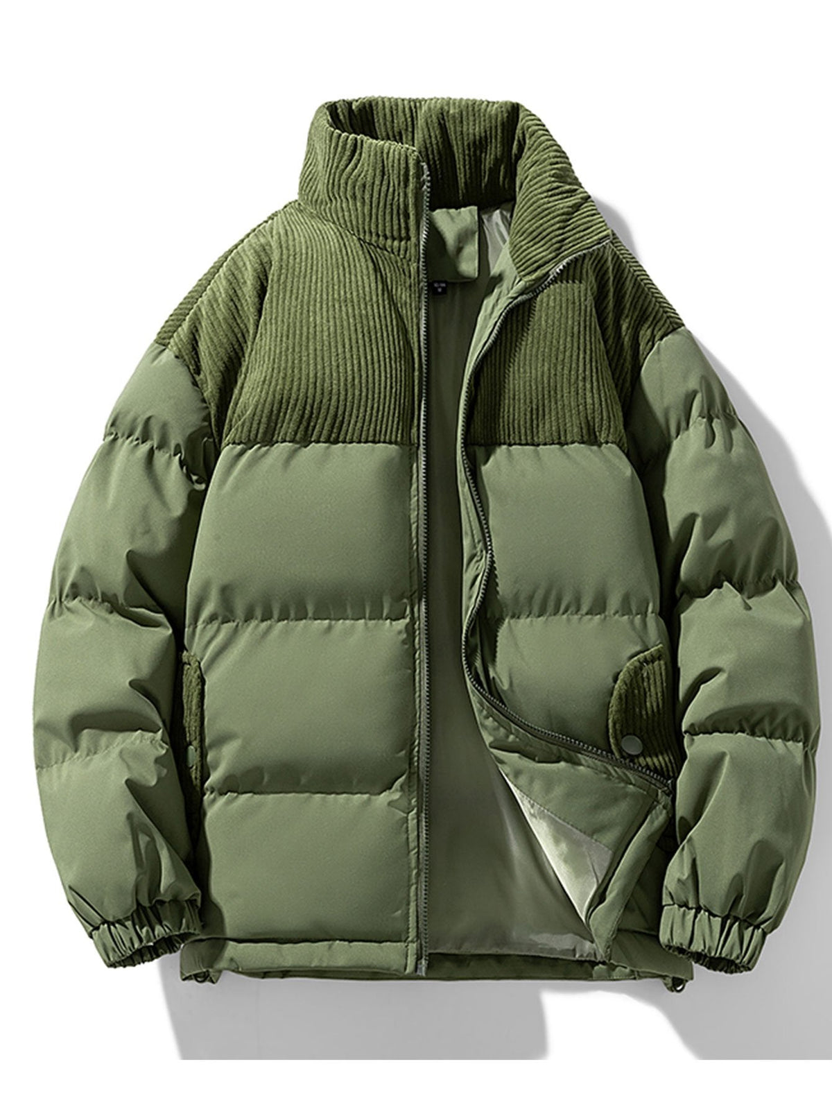 Men's Corduroy Panelled Puffer Jacket with High Collar – Warm Relaxed Fit Winter Outerwear