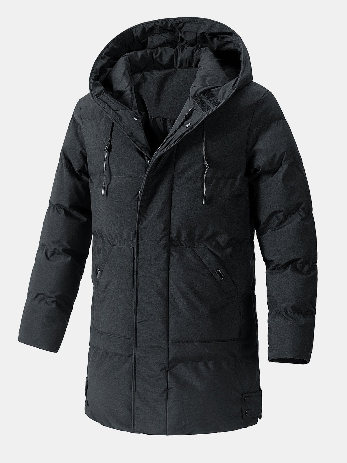 Men's Long Hooded Puffer Parka Coat – Warm Padded Winter Outerwear with Drawstring Hood and Practical Pockets