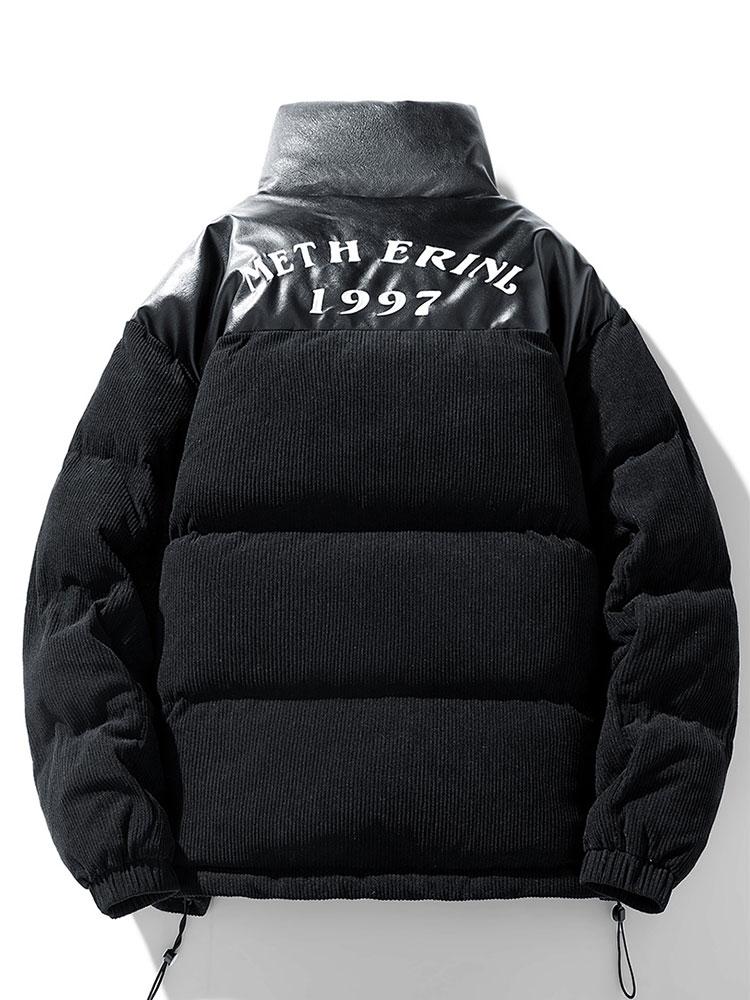 Men's Padded Corduroy Puffer Jacket – High Collar Zip-Up Winter Coat with Contrast Panels and Adjustable Hem
