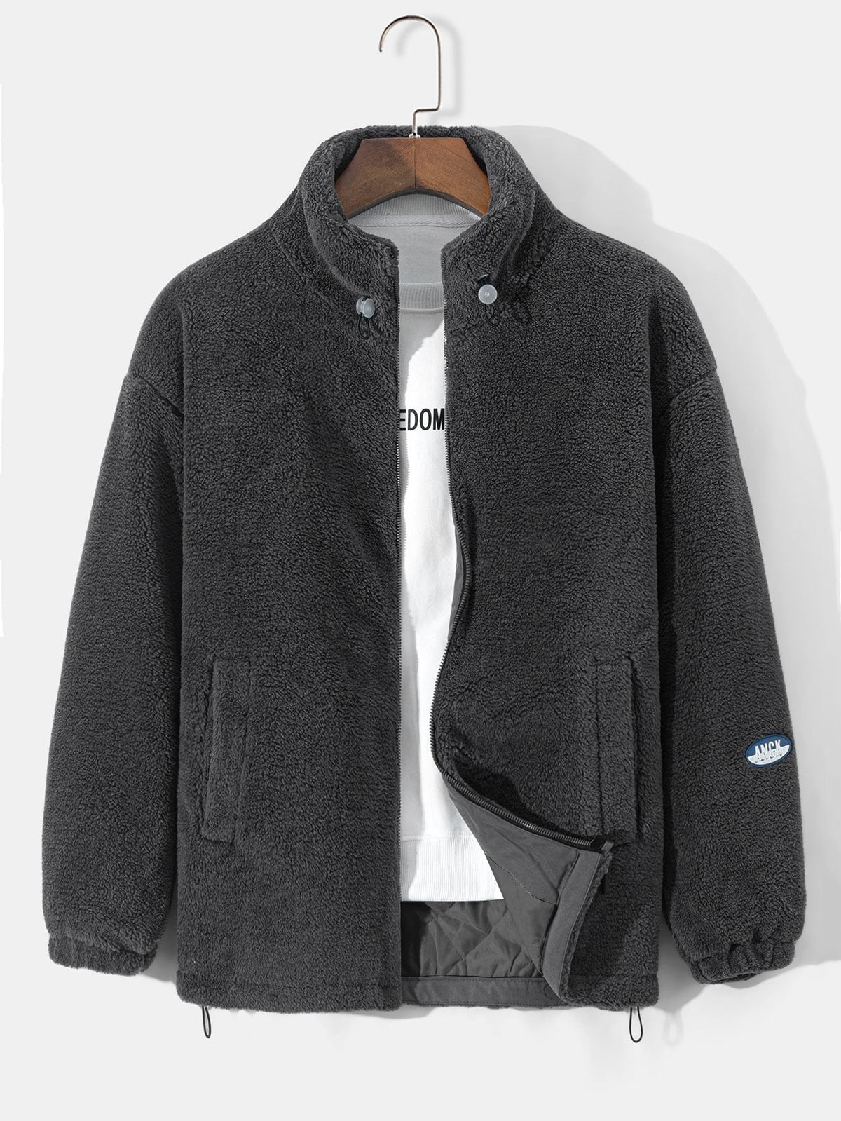 Men's Quilted-Lined Teddy Fleece Jacket – Warm Zip-Up Winter Outerwear with Soft Borg Texture and Stand Collar