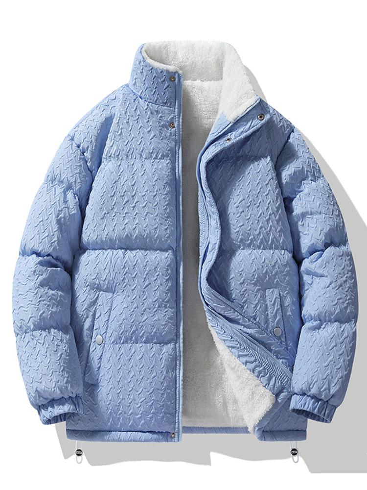 Men's Textured Jacquard Puffer Jacket with Teddy Fleece Lining – Warm High Collar Winter Outerwear