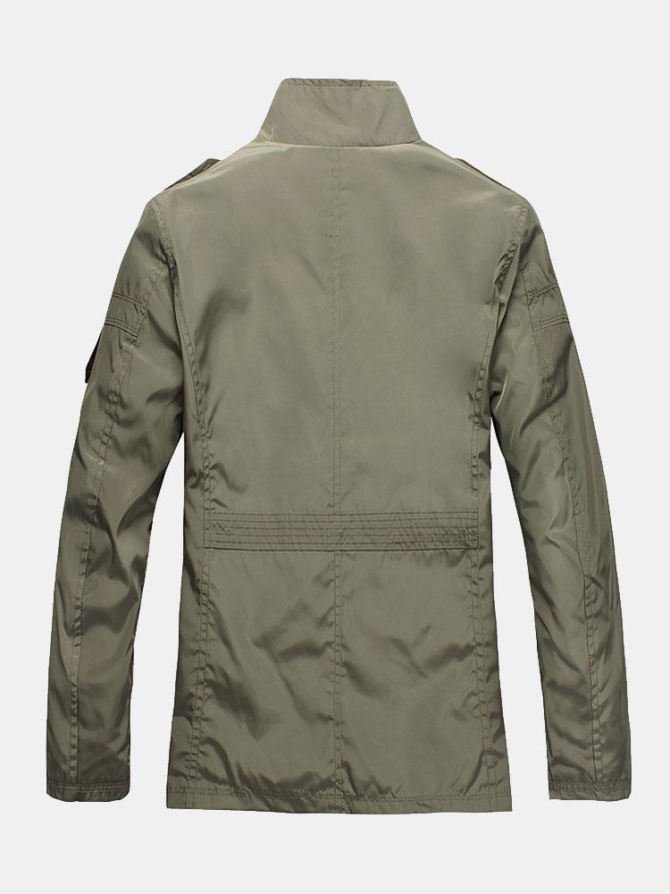 Men's Funnel Neck Utility Jacket – Military-Inspired Button and Zip-Up Casual Outerwear with Pockets for Spring and Autumn