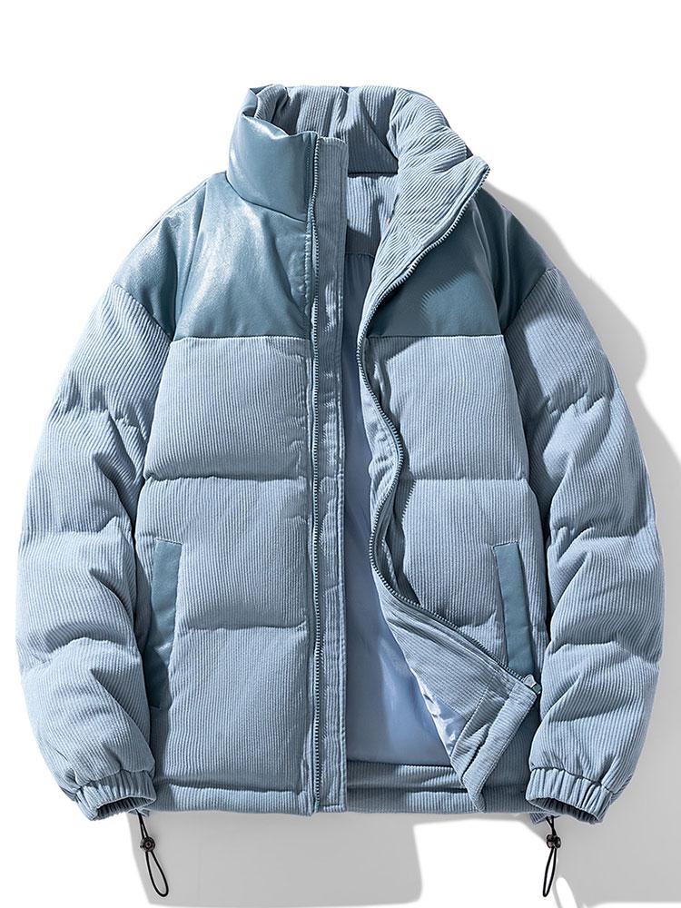 Men's Padded Corduroy Puffer Jacket – High Collar Zip-Up Winter Coat with Contrast Panels and Adjustable Hem