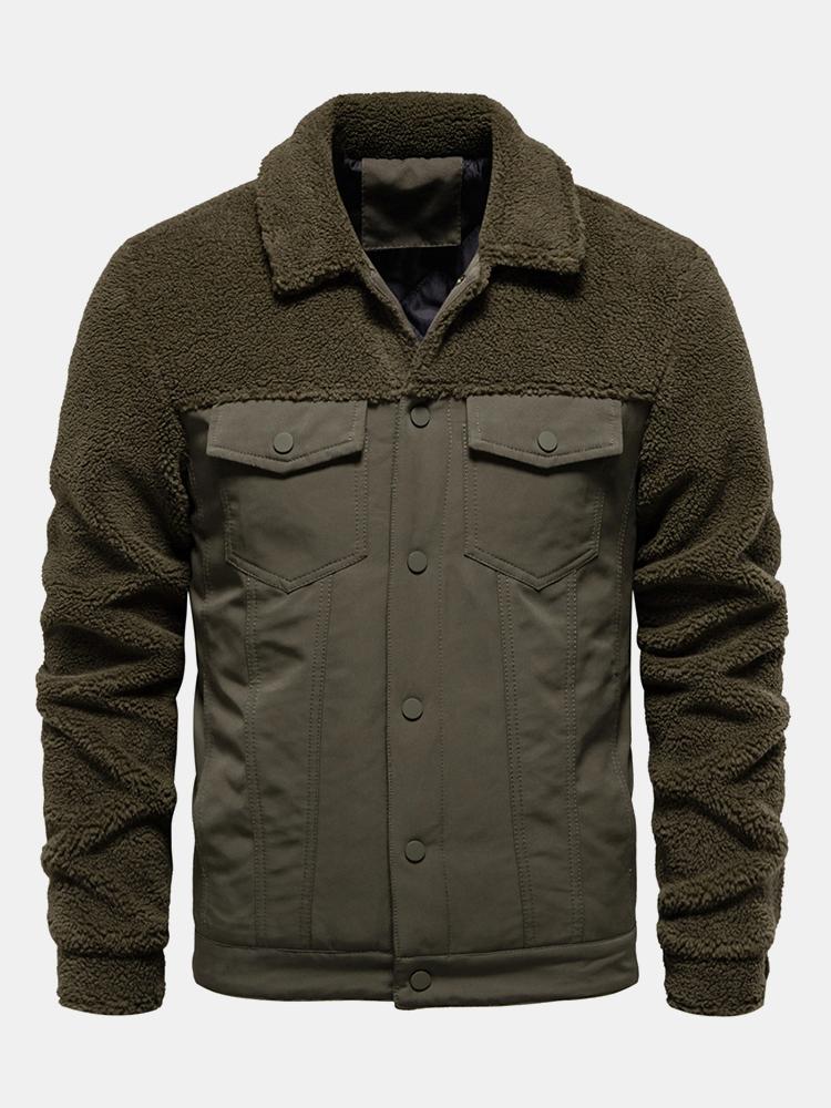 Men's Quilted-Lined Teddy Fleece Jacket – Warm Colour Block Winter Outerwear with Snap-Button Fastening and Utility Chest Pockets