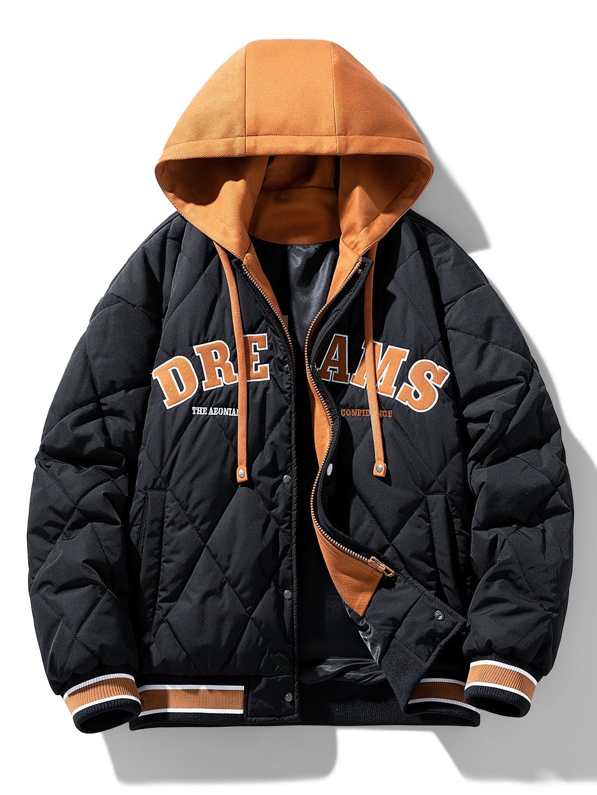 Men's Quilted Hooded Varsity Jacket – Warm Diamond Padded Baseball Outerwear with Contrast Hood and Striped Ribbed Trims
