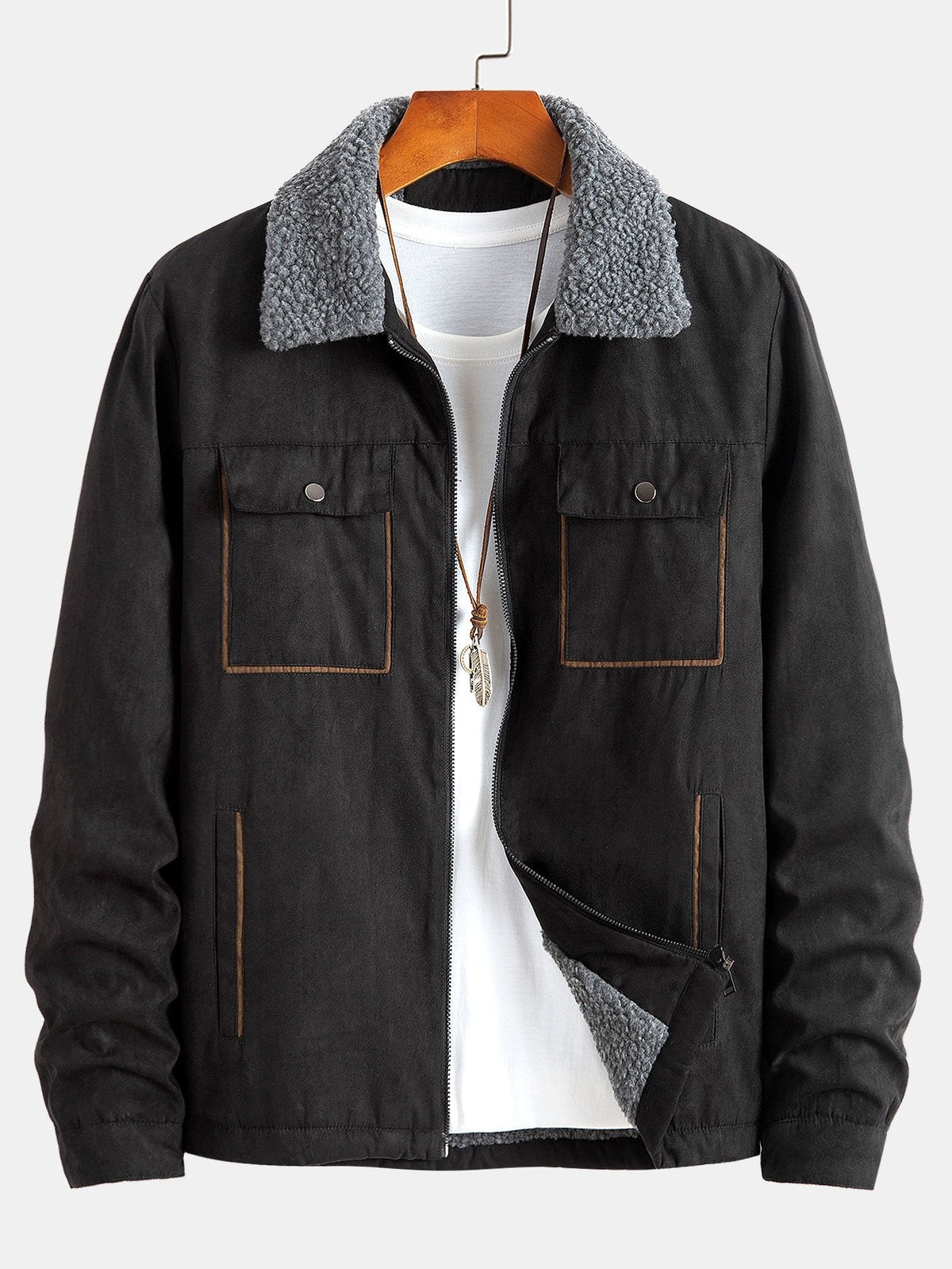 Men's Teddy-Lined Faux Suede Jacket – Warm Zip-Up Winter Outerwear with Borg Collar and Utility Pockets