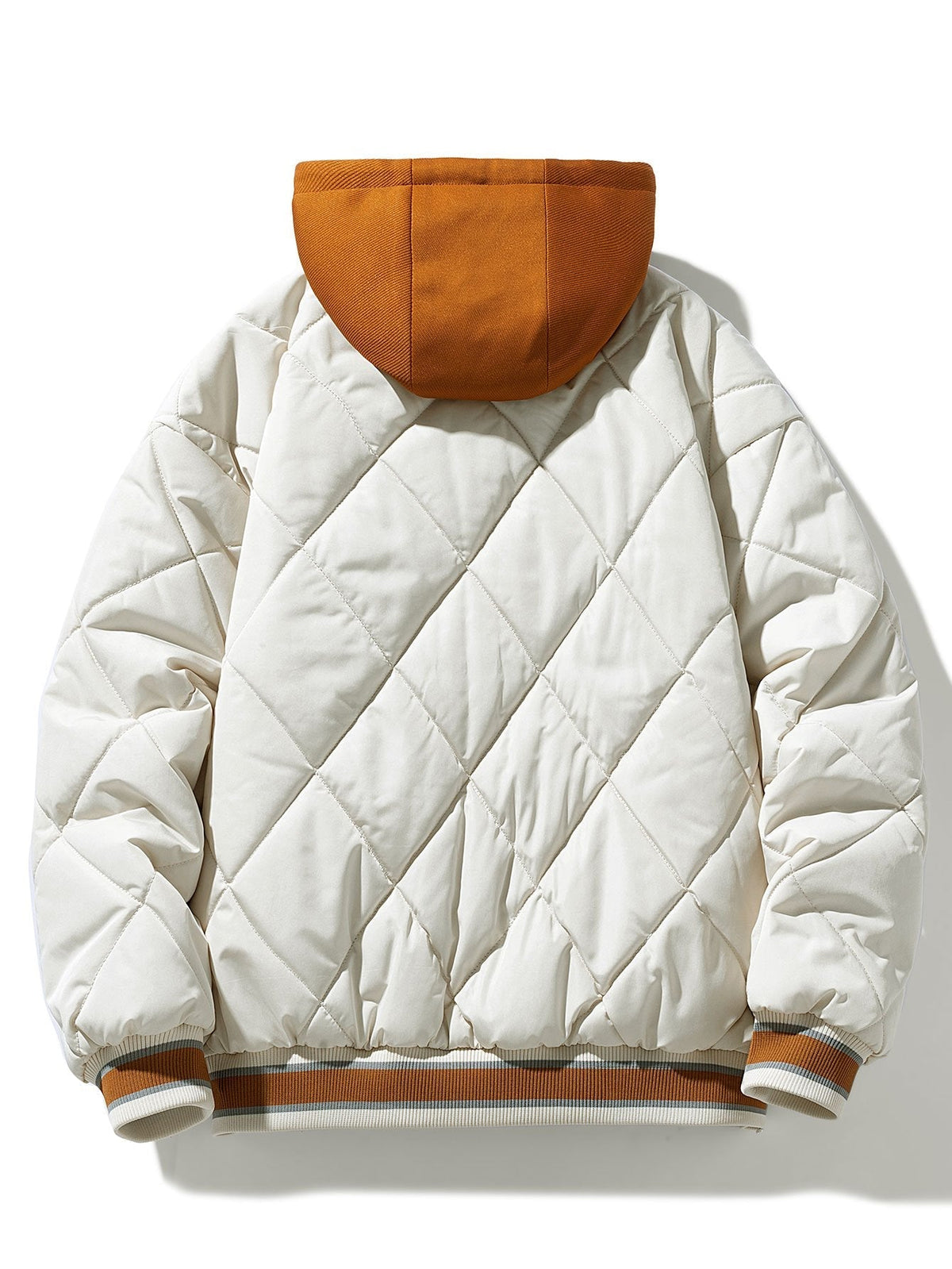 Men's Quilted Hooded Varsity Jacket – Warm Diamond Padded Baseball Outerwear with Contrast Hood and Striped Ribbed Trims