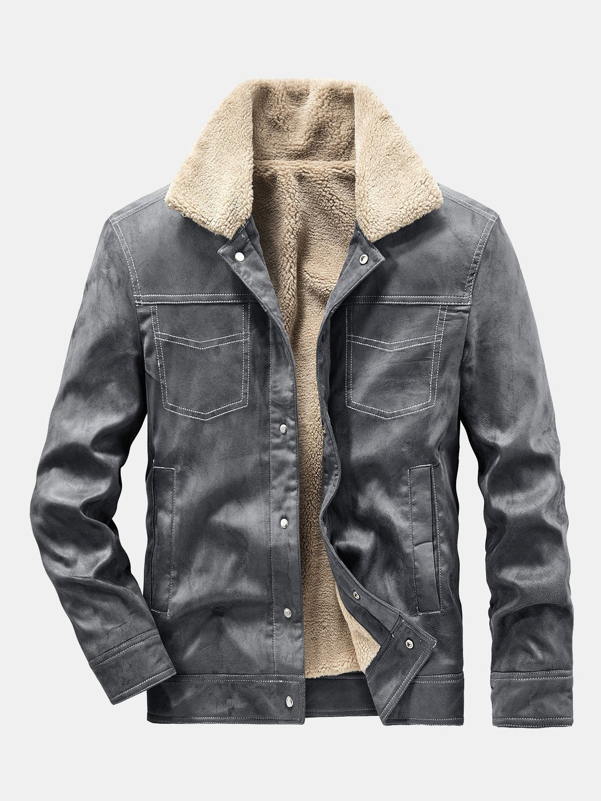 Men's Faux Suede Teddy-Lined Utility Jacket – Warm Sherpa Collar Button-Up Winter Outerwear with Chest Pockets and Vintage Workwear Styling