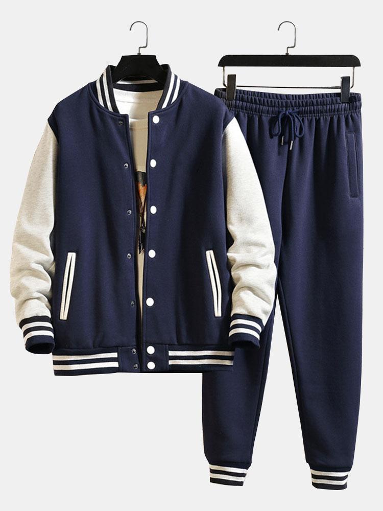 Men's Contrast Sleeve Varsity Jacket and Jogger Set – Classic Baseball Style Two-Piece Tracksuit for Casual Streetwear