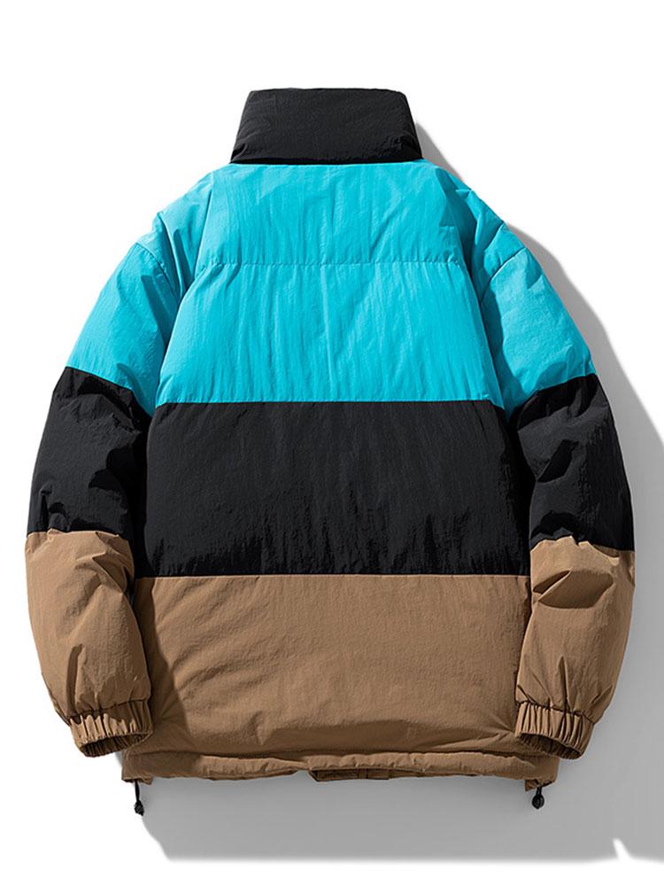 Men's Colour Block Puffer Jacket – Warm Padded Winter Outerwear with High Stand Collar and Relaxed Fit