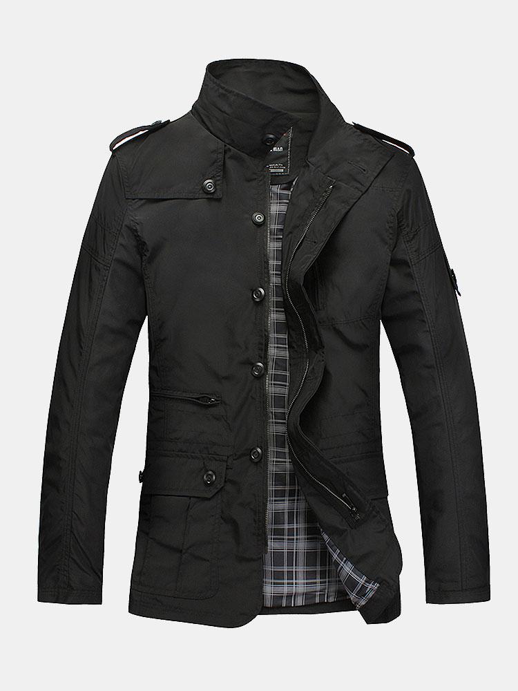 Men's Funnel Neck Utility Jacket – Military-Inspired Button and Zip-Up Casual Outerwear with Pockets for Spring and Autumn