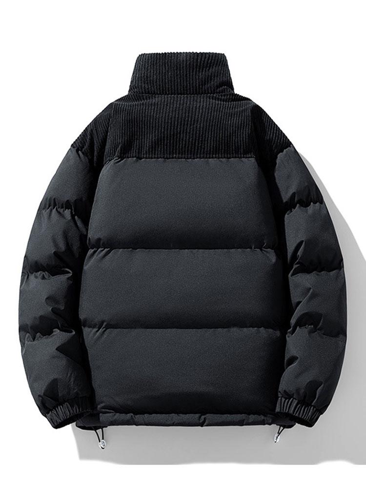 Men's Corduroy Panel Puffer Jacket – Warm High Collar Padded Winter Outerwear with Zip-Up Front and Adjustable Hem