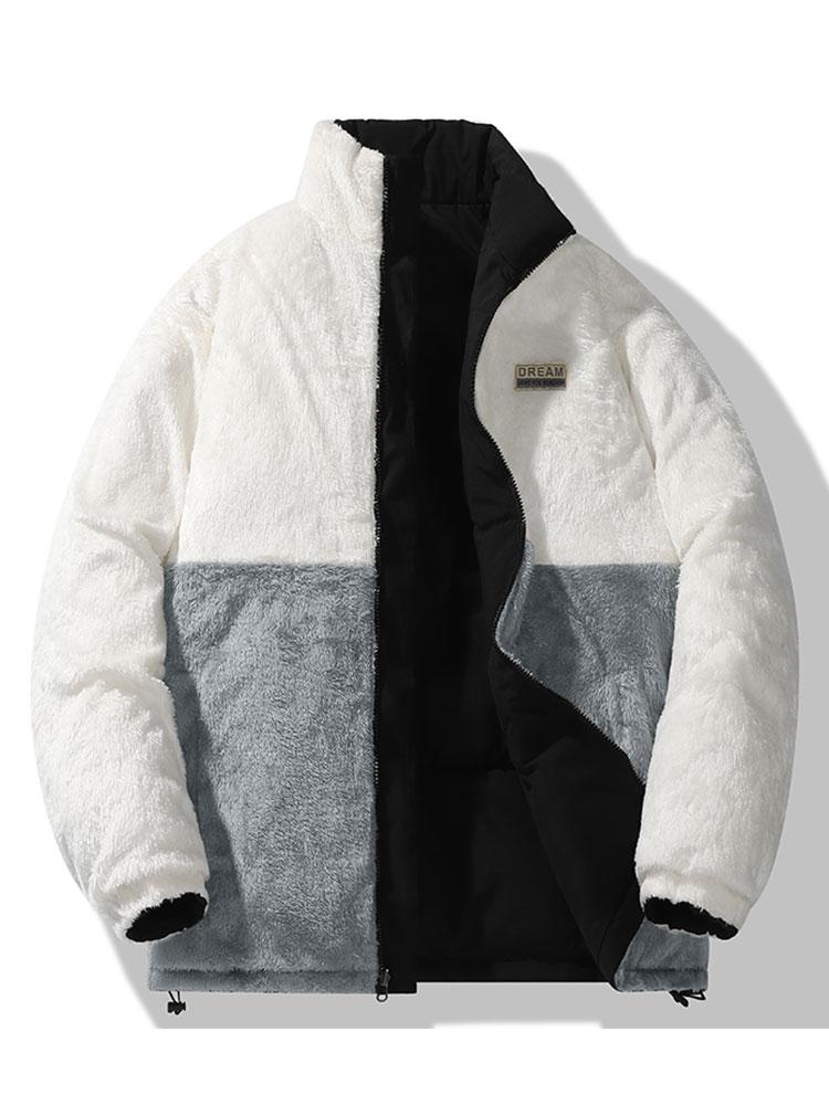 Men's Reversible Teddy Fleece Jacket – Colour Block Borg Outerwear with Quilted Lining and Stand Collar for Autumn and Winter