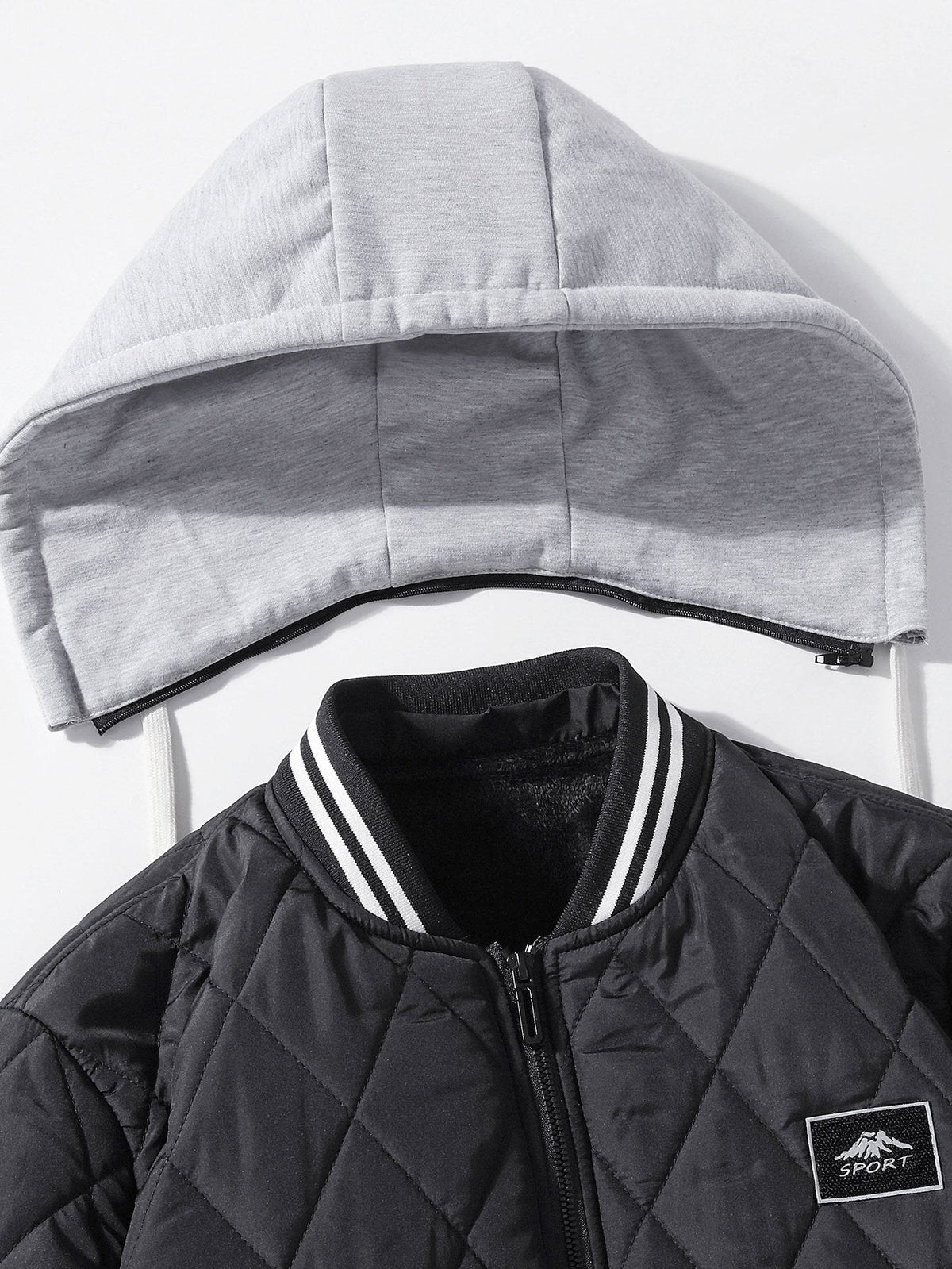 Men's Teddy-Lined Quilted Bomber Jacket – Diamond Stitched Winter Outerwear with Detachable Drawstring Hood and Striped Ribbed Trims