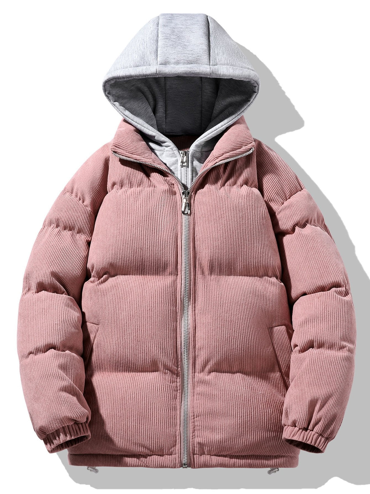 Men's Corduroy Hooded Puffer Jacket – Warm Padded Winter Outerwear with Layered Grey Hood and Zip Fastening
