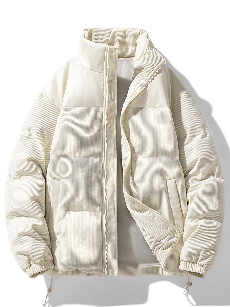 Men's Padded Corduroy Puffer Jacket – High Collar Zip-Up Winter Coat with Contrast Panels and Adjustable Hem