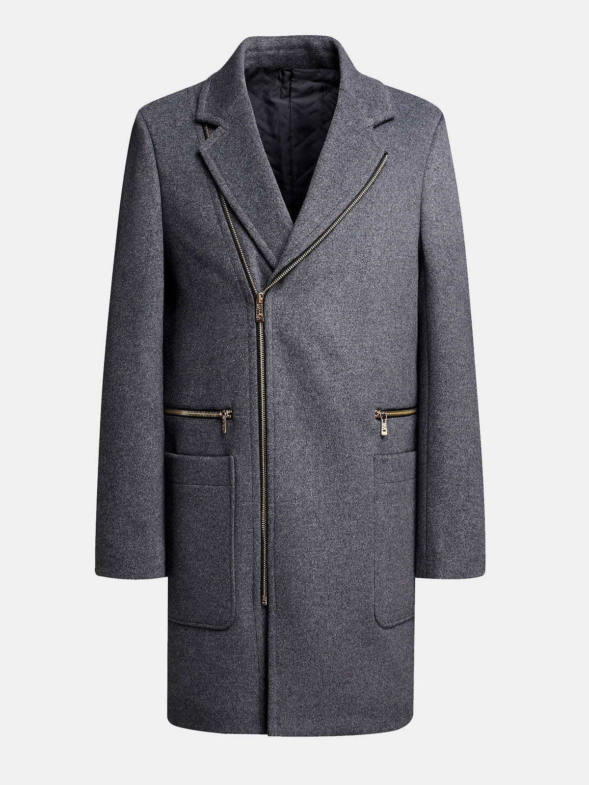 Men's Long Wool Blend Overcoat – Tailored Winter Coat with Asymmetric Zip Fastening and Quilted Lining for Smart Casual Wear