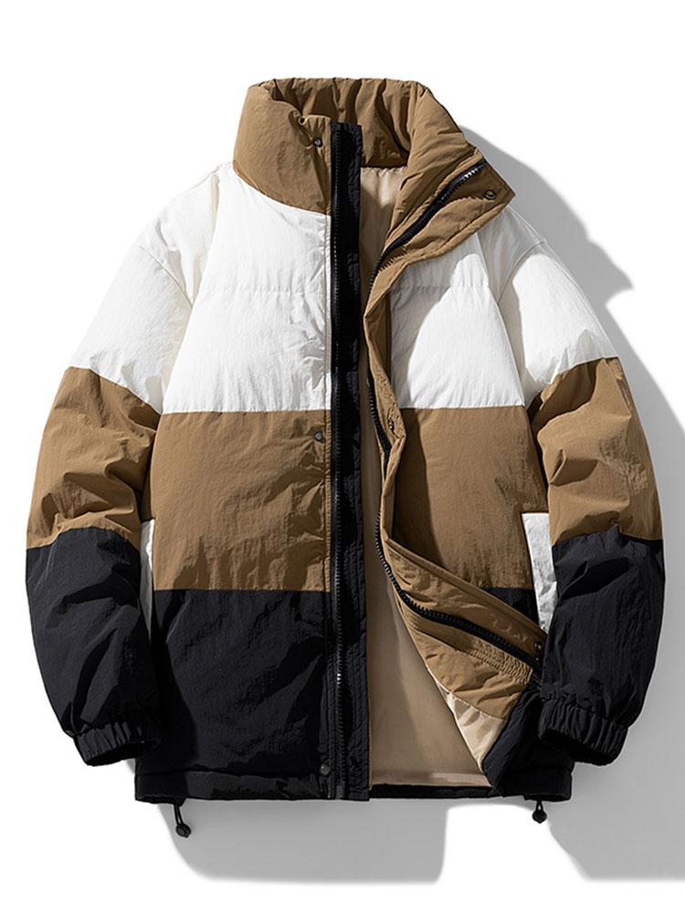 Men's Colour Block Puffer Jacket – Warm Padded Winter Outerwear with High Stand Collar and Relaxed Fit