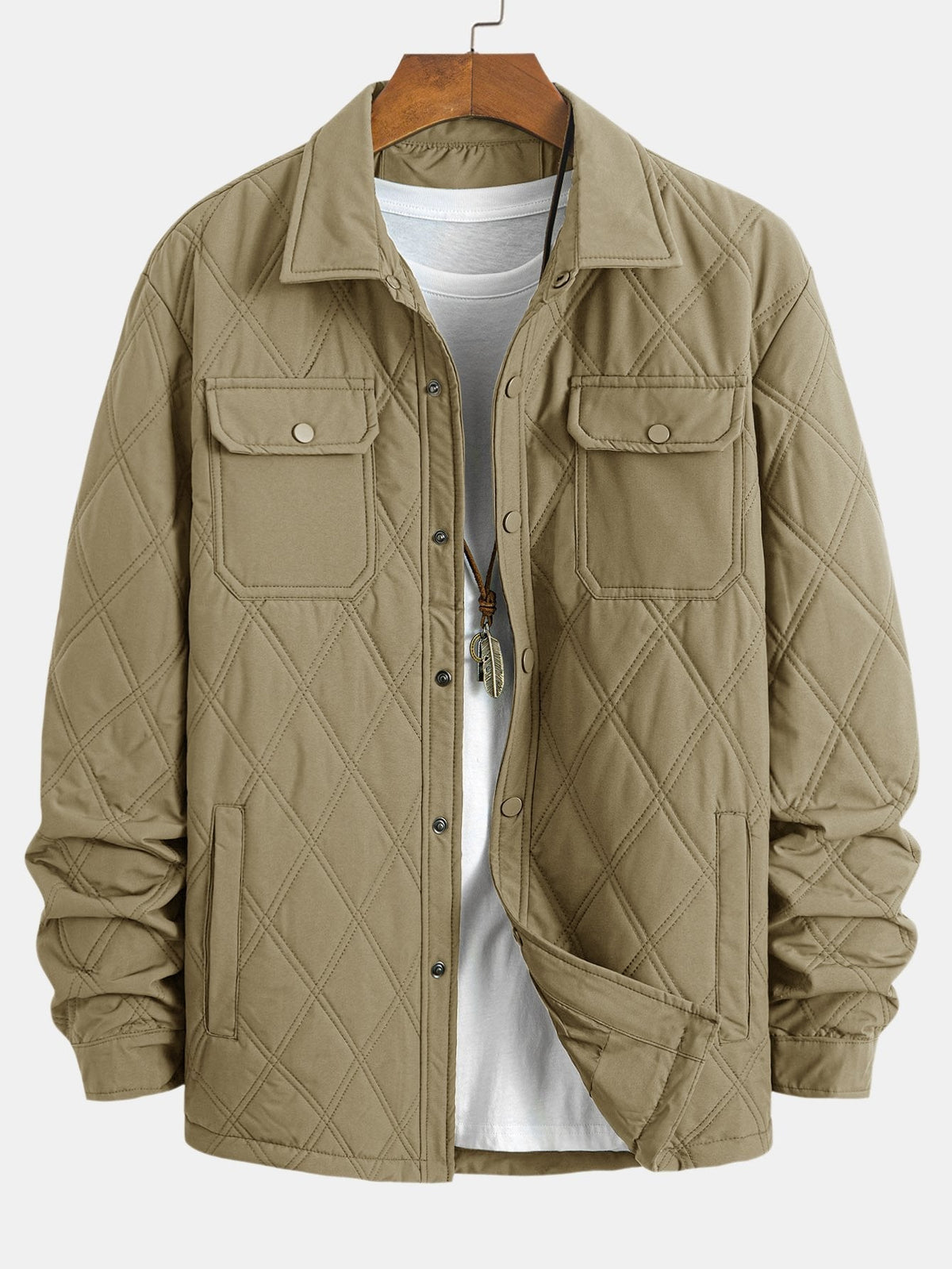 Men's Diamond Quilted Utility Overshirt Jacket – Lightweight Padded Button-Up Outerwear with Chest Pockets for Autumn and Spring