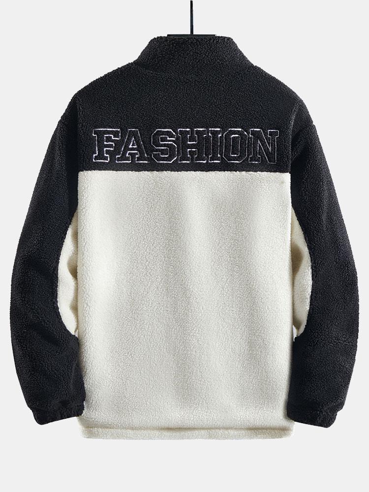 Men's Colourblock Teddy Fleece Jacket – Relaxed High Collar Zip-Up Outerwear with Pockets for Autumn and Winter