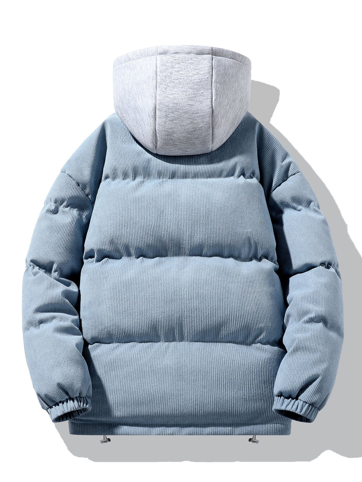 Men's Corduroy Hooded Puffer Jacket – Warm Padded Winter Outerwear with Layered Grey Hood and Zip Fastening