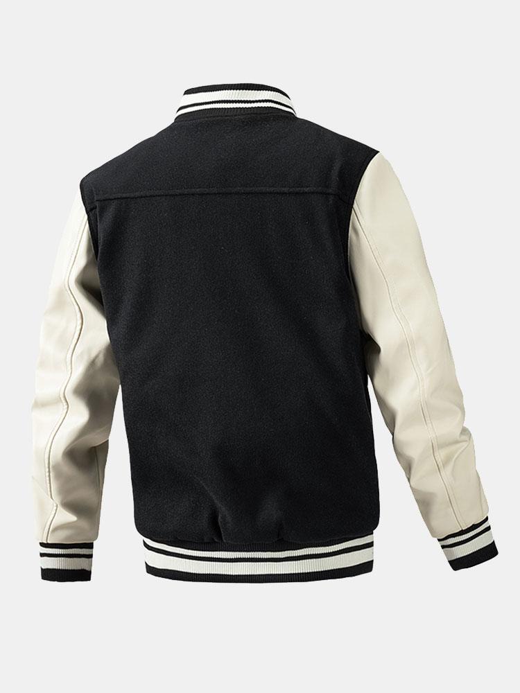 Men's Wool-Look Varsity Bomber Jacket with Faux Leather Sleeves – Classic College Style Outerwear for Autumn and Spring