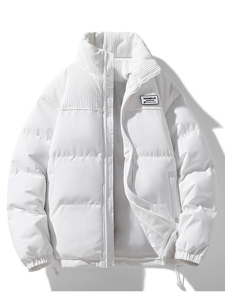 Men's Corduroy Panel Puffer Jacket – Warm High Collar Padded Winter Outerwear with Zip-Up Front and Adjustable Hem