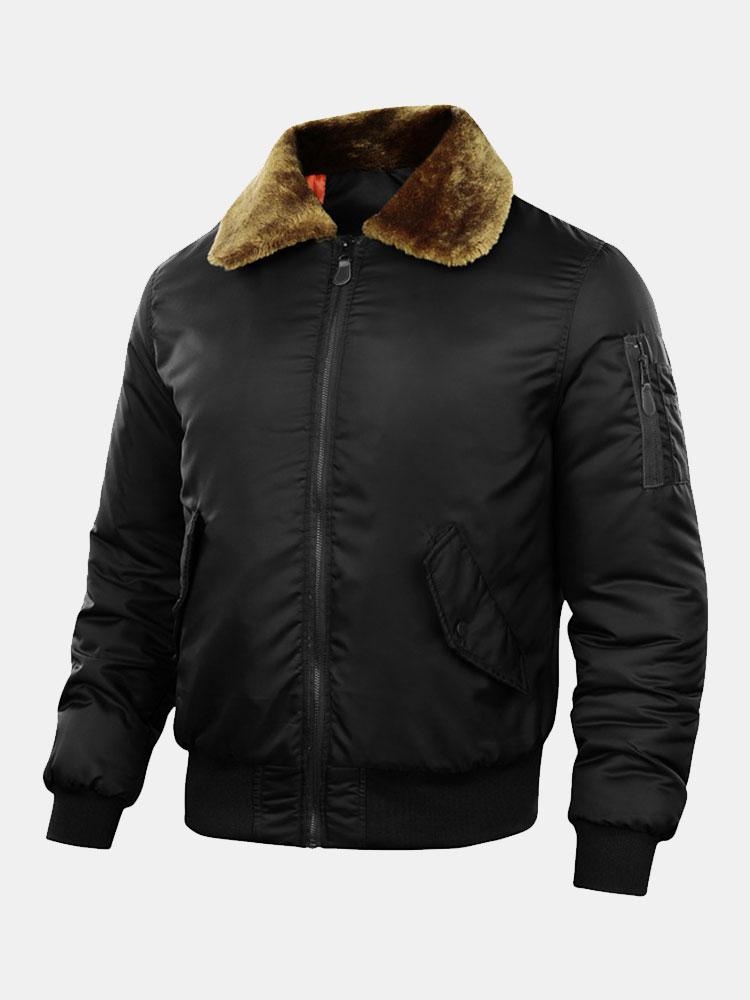 Men's Quilted-Lined Bomber Jacket with Faux Fur Collar – Warm Zip-Up Winter Outerwear with Utility Pockets and Ribbed Trims