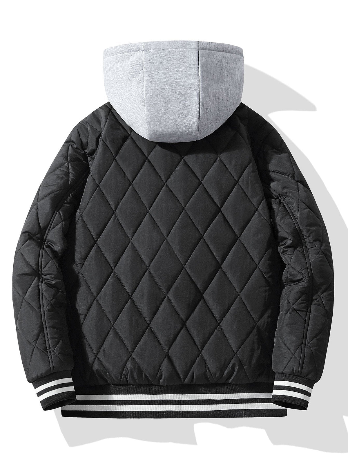 Men's Teddy-Lined Quilted Bomber Jacket – Diamond Stitched Winter Outerwear with Detachable Drawstring Hood and Striped Ribbed Trims