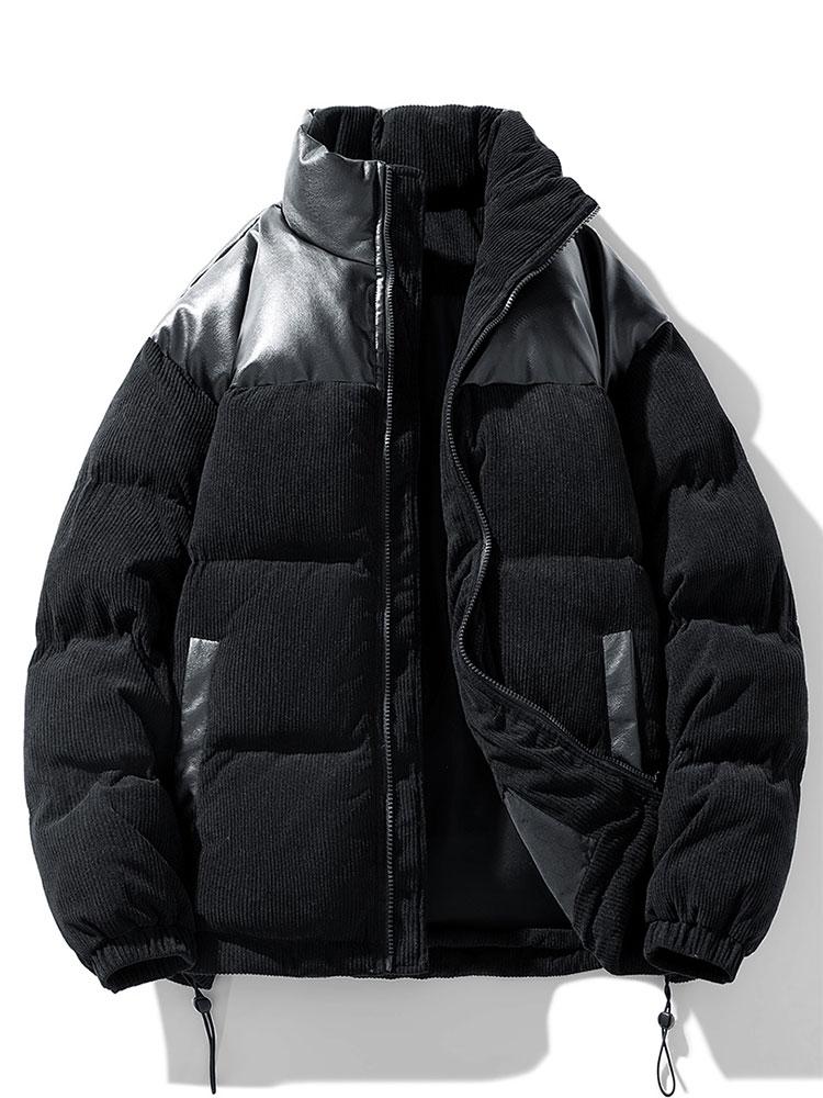 Men's Padded Corduroy Puffer Jacket – High Collar Zip-Up Winter Coat with Contrast Panels and Adjustable Hem
