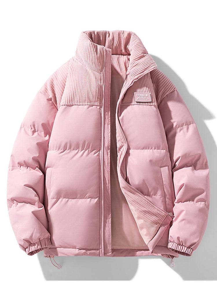 Men's Corduroy Panel Puffer Jacket – Warm High Collar Padded Winter Outerwear with Zip-Up Front and Adjustable Hem