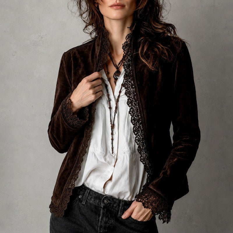 Judith - Women's Faux Suede Lace Trim Blazer Jacket