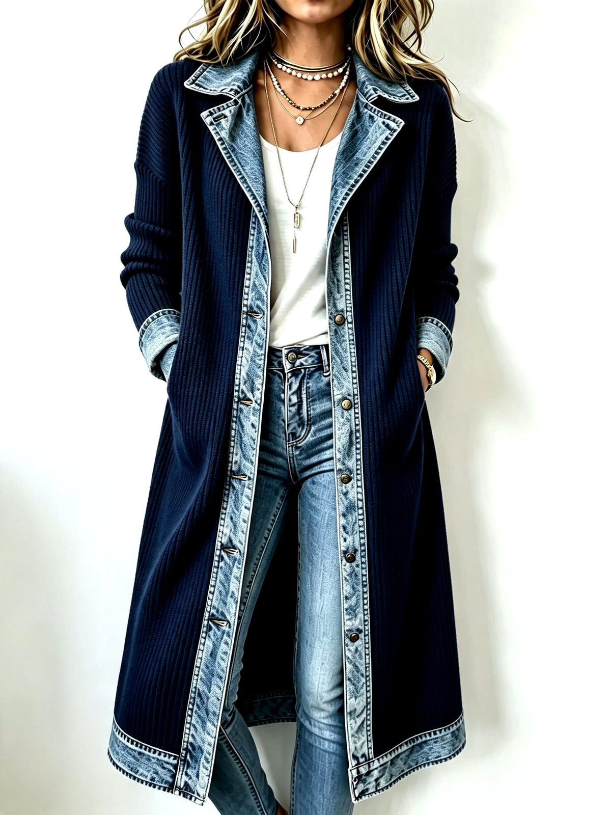 Julia - Women's Long Ribbed Knit Coat with Denim Trim