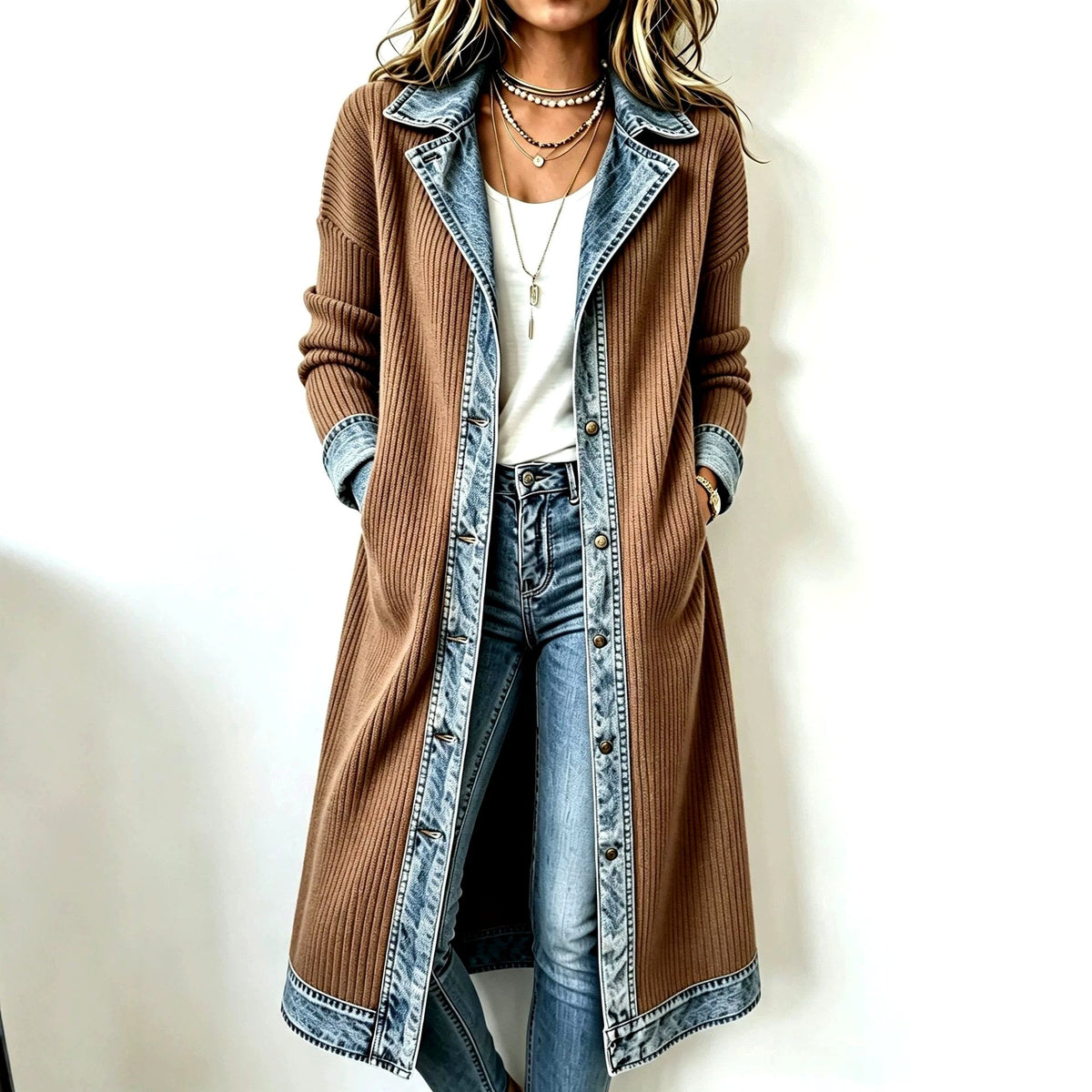 Julia - Women's Long Ribbed Knit Coat with Denim Trim
