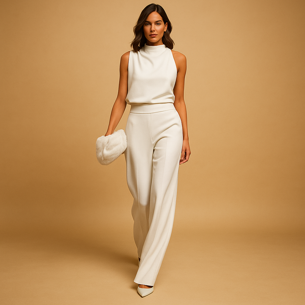Women's Sleeveless High-Neck Wide-Leg Jumpsuit with Defined Waist – Elegant Minimalist Style for Evening and Formal Wear