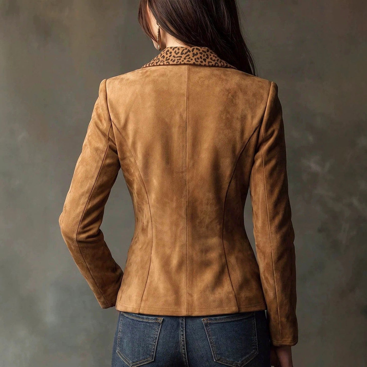 Kalliope - Women's Faux Suede Leopard Lapel Blazer