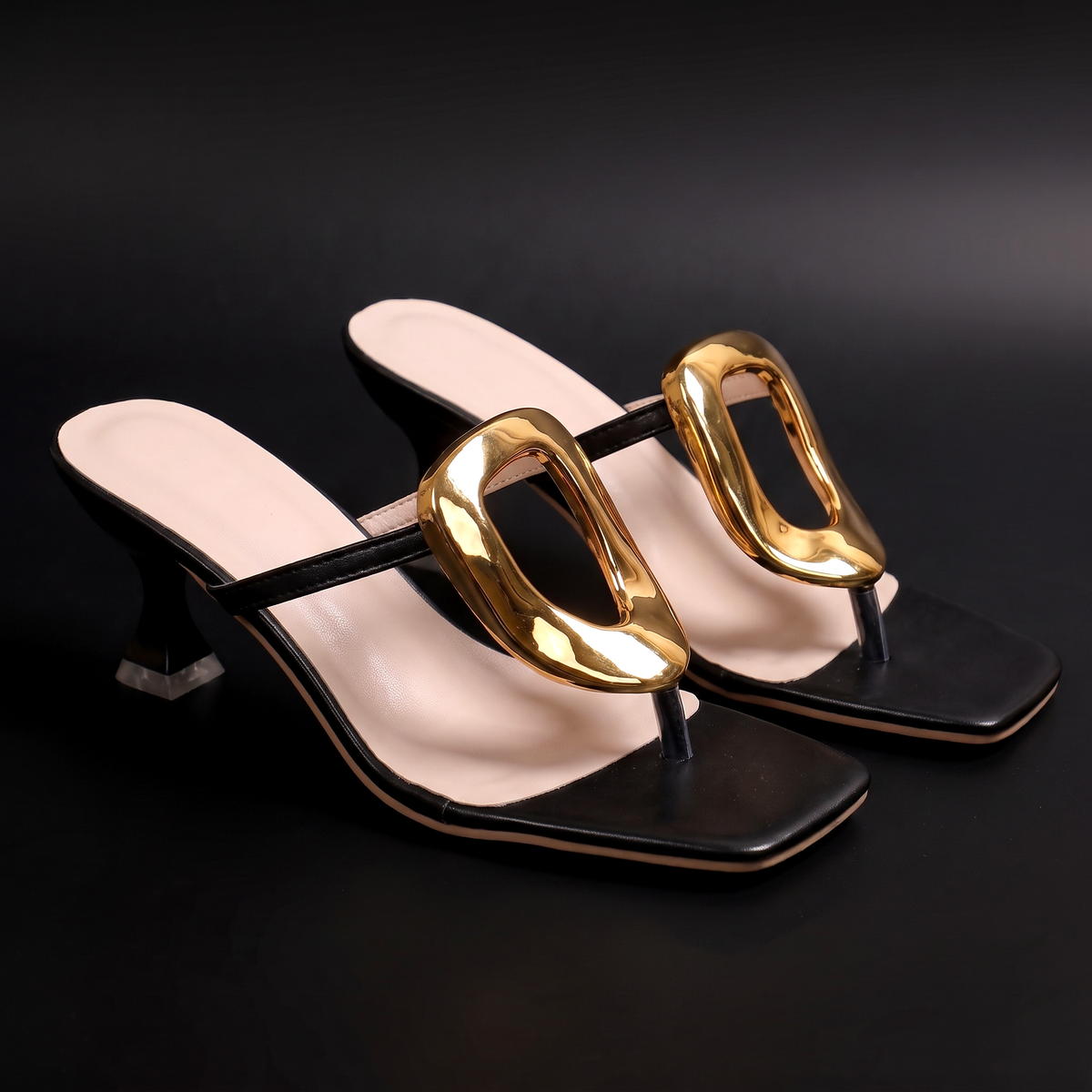 Katalina - Women's Square-Toe Heels with Gold Ring Buckle