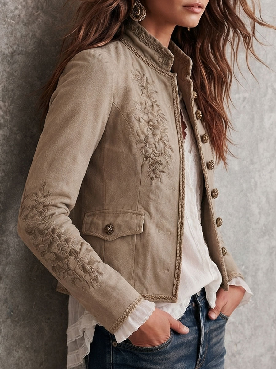 Katarina - Women's Floral Embroidered Button-Front Jacket