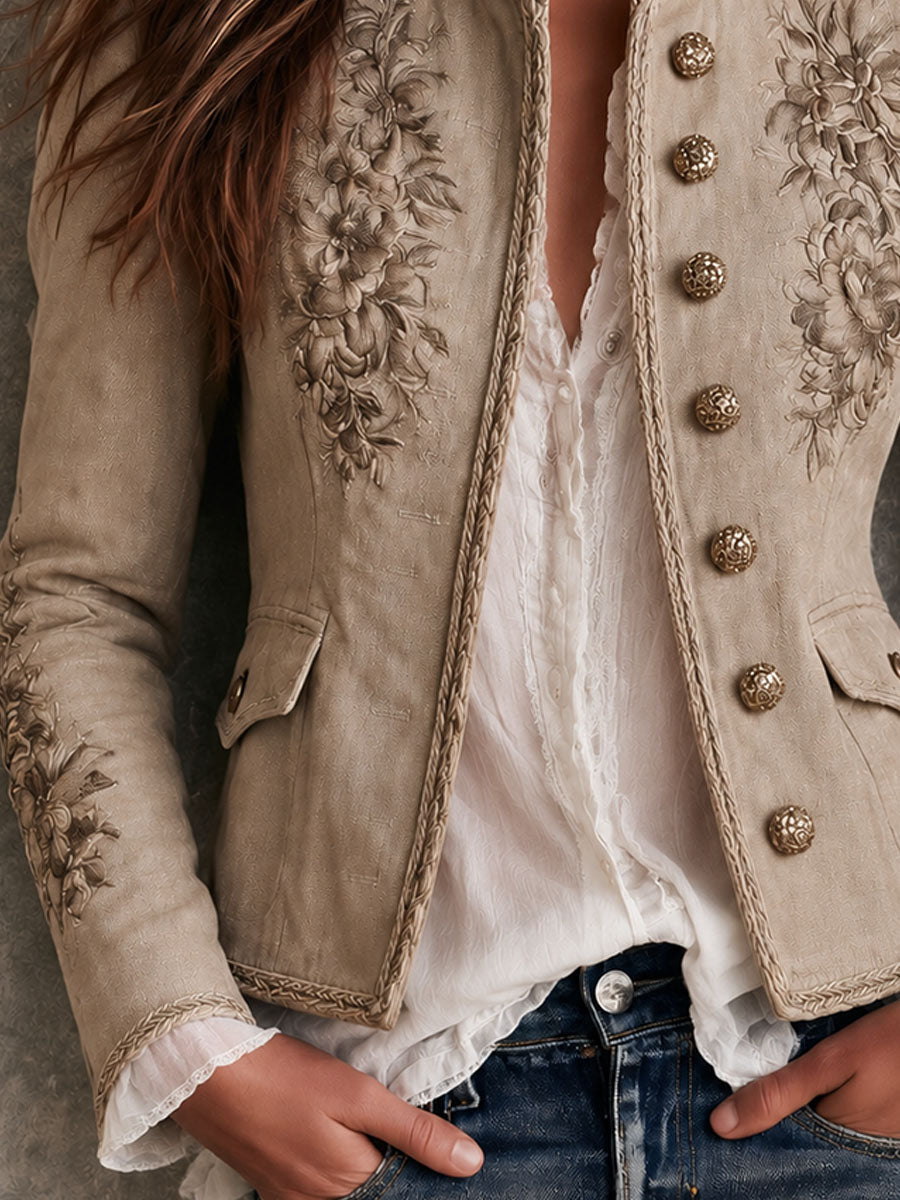 Katarina - Women's Floral Embroidered Button-Front Jacket