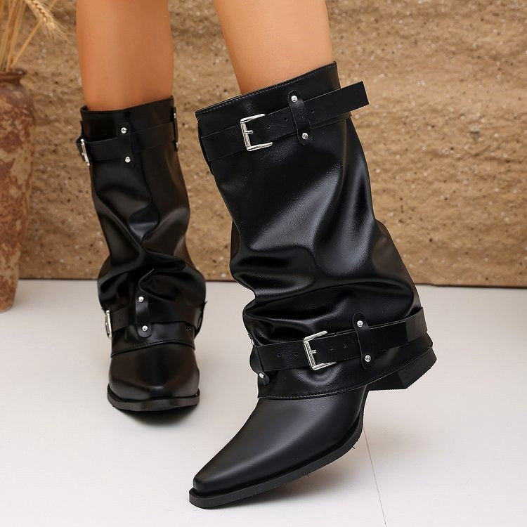 Katherine - Women's Strap Detail Mid-Calf Boots