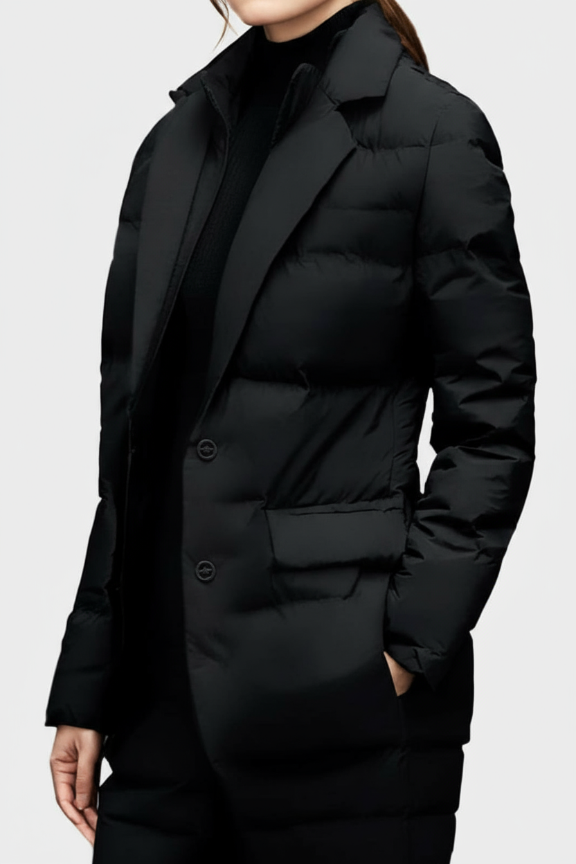 Women's Elegant Tailored Quilted Puffer Blazer Jacket with Notched Lapels and Button Front – Warm Padded Long Sleeve Winter Outerwear with Relaxed Fit and Flap Pockets for Smart Casual Office and Everyday City Wear